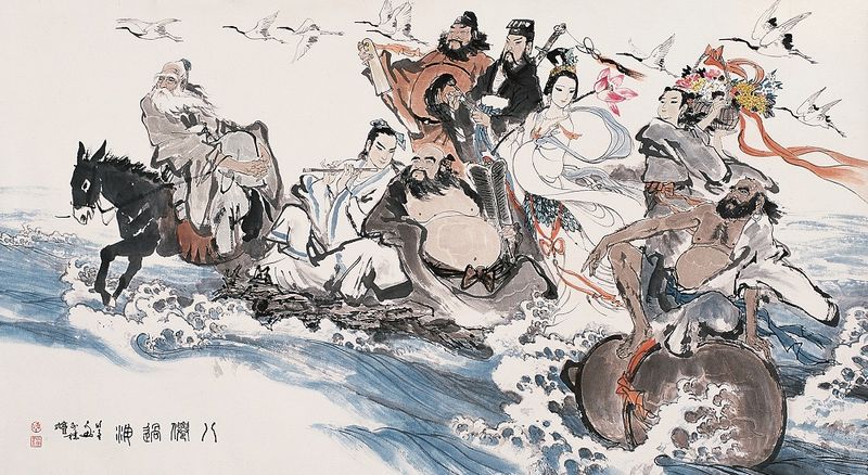 八仙蓬莱阁饮酒,酒至酣时海上游。铁拐李倡众仙合,各凭道法忌乘舟。 汉钟离扇芭蕉蒲,坦胸露腹远漂去。荷仙姑抛荷花座,红光万道伫上头。 众仙各自宝物丢,大显神通争恐后。八仙举动惊龙王,言语相讥发冲突。 龙王乘仙稍疏忽,将仙采和擒拿住。众仙大怒前厮杀,腰斩龙子二命休。 虾兵蟹将水底伏,众仙叫阵闭不出。四海龙王合施法,掀起狂涛浪翻巨。 危急时刻曹国舅,怀抱玉板前开路。狂涛巨浪两边退,众仙紧跟化险忧。 南海观音经此处,喝住双方调停周。龙王释放蓝采和,双方罢战化怨仇。 八仙过海显身手,用作谓语和宾语。流传甚广世皆知,